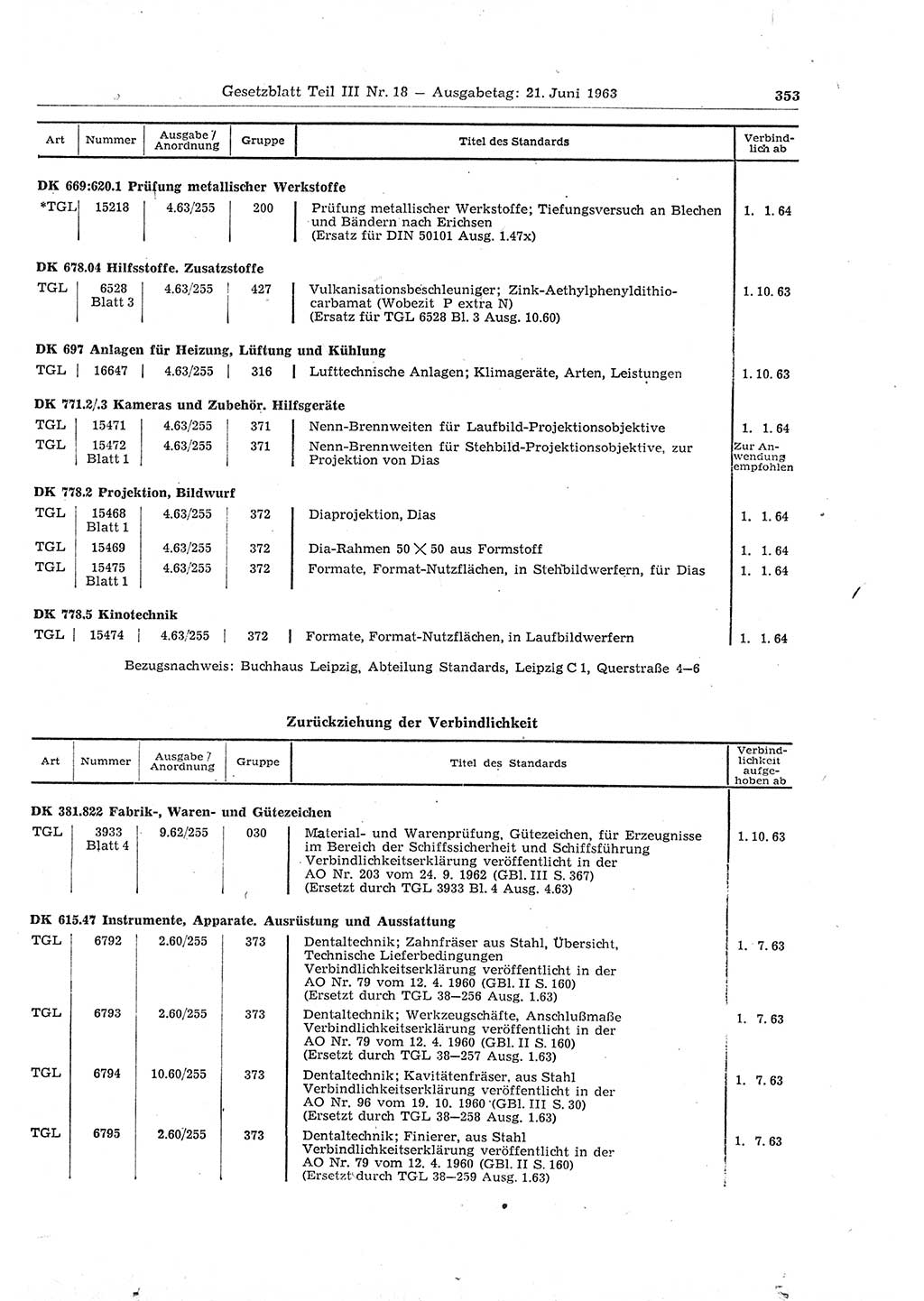 Gesetzblatt (GBl.) der Deutschen Demokratischen Republik (DDR) Teil ⅠⅠⅠ 1963, Seite 353 (GBl. DDR ⅠⅠⅠ 1963, S. 353)