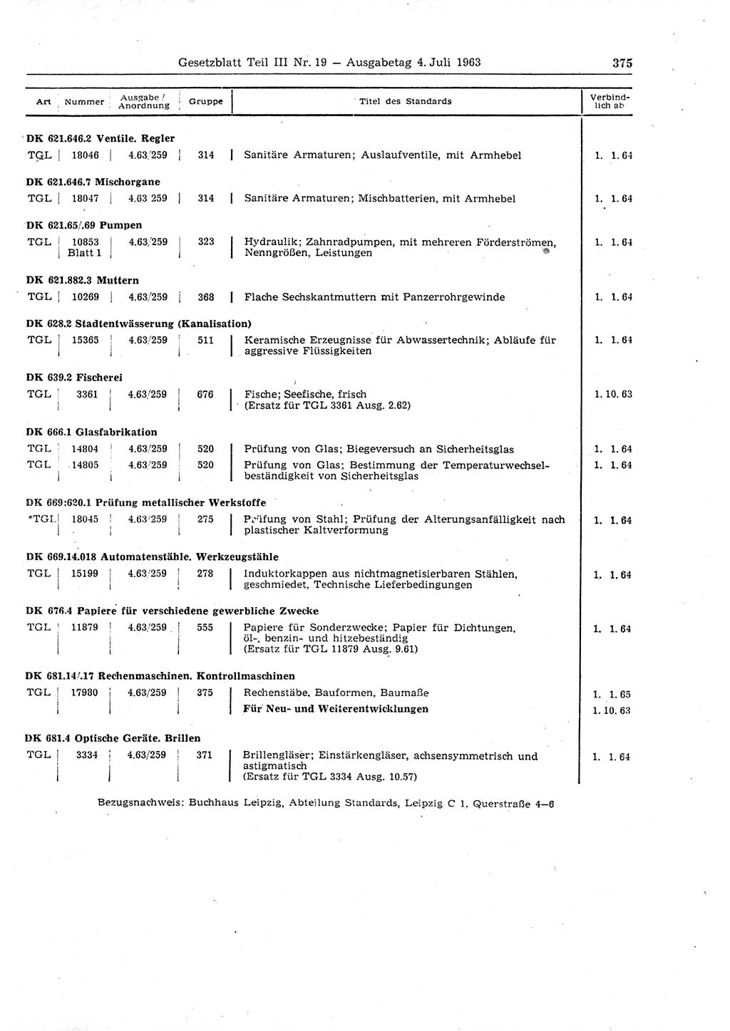 Gesetzblatt (GBl.) der Deutschen Demokratischen Republik (DDR) Teil ⅠⅠⅠ 1963, Seite 375 (GBl. DDR ⅠⅠⅠ 1963, S. 375)