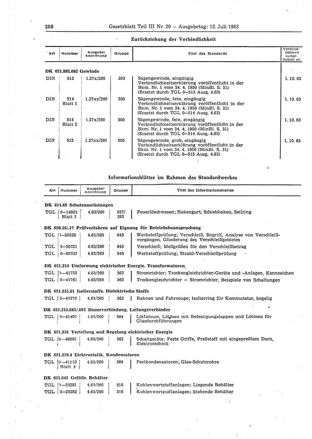 Gesetzblatt (GBl.) der Deutschen Demokratischen Republik (DDR) Teil ⅠⅠⅠ 1963, Seite 380 (GBl. DDR ⅠⅠⅠ 1963, S. 380)