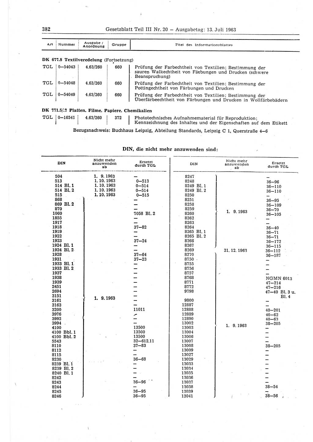 Gesetzblatt (GBl.) der Deutschen Demokratischen Republik (DDR) Teil ⅠⅠⅠ 1963, Seite 382 (GBl. DDR ⅠⅠⅠ 1963, S. 382)