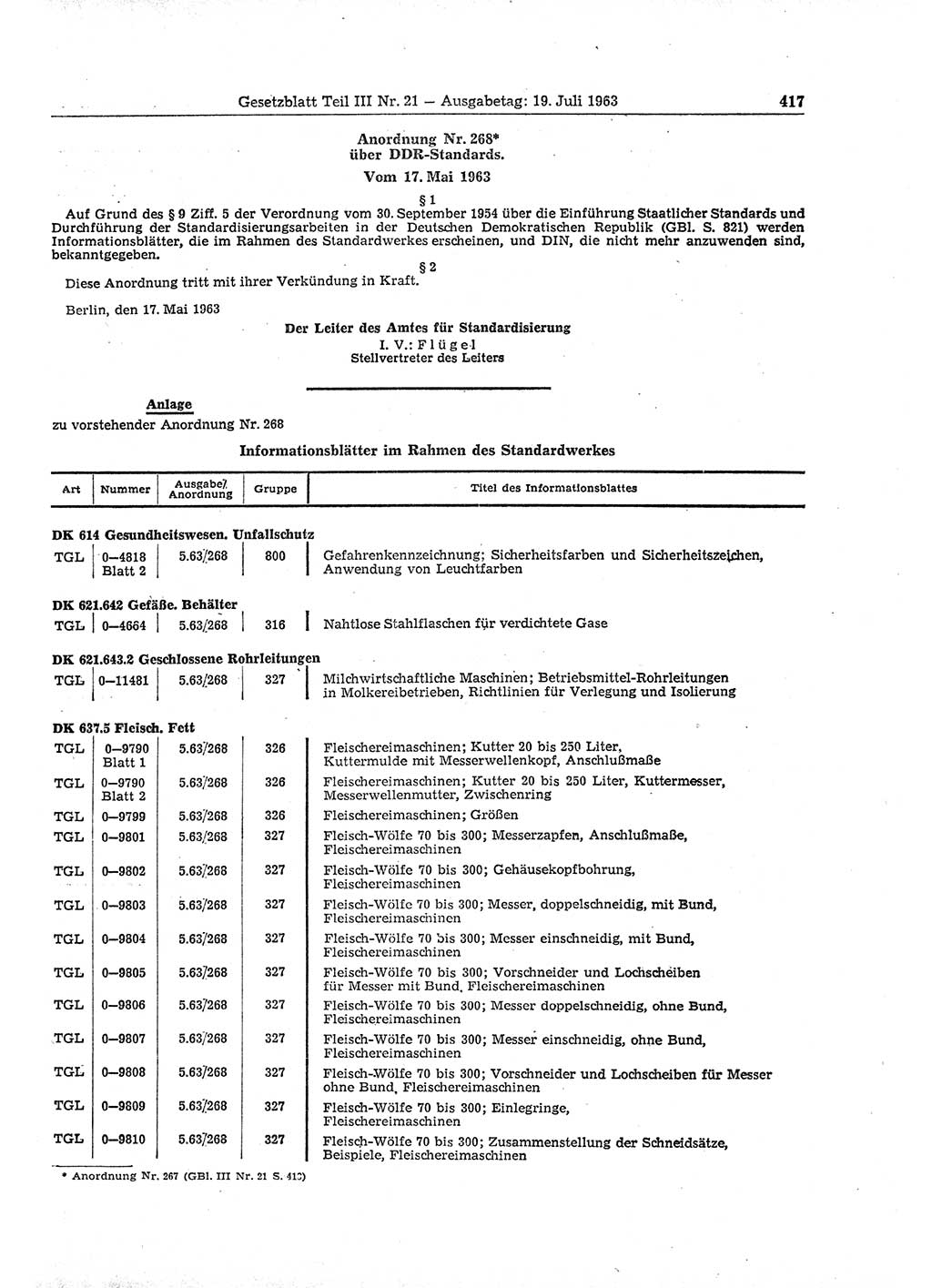 Gesetzblatt (GBl.) der Deutschen Demokratischen Republik (DDR) Teil ⅠⅠⅠ 1963, Seite 417 (GBl. DDR ⅠⅠⅠ 1963, S. 417)