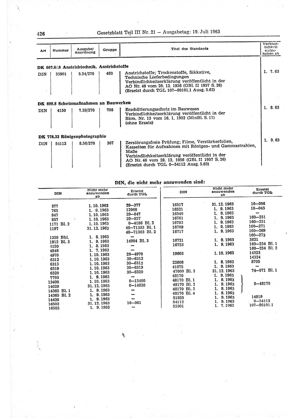 Gesetzblatt (GBl.) der Deutschen Demokratischen Republik (DDR) Teil ⅠⅠⅠ 1963, Seite 426 (GBl. DDR ⅠⅠⅠ 1963, S. 426)