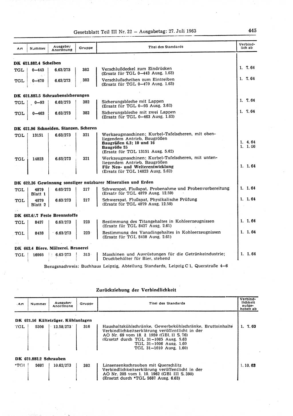 Gesetzblatt (GBl.) der Deutschen Demokratischen Republik (DDR) Teil ⅠⅠⅠ 1963, Seite 445 (GBl. DDR ⅠⅠⅠ 1963, S. 445)