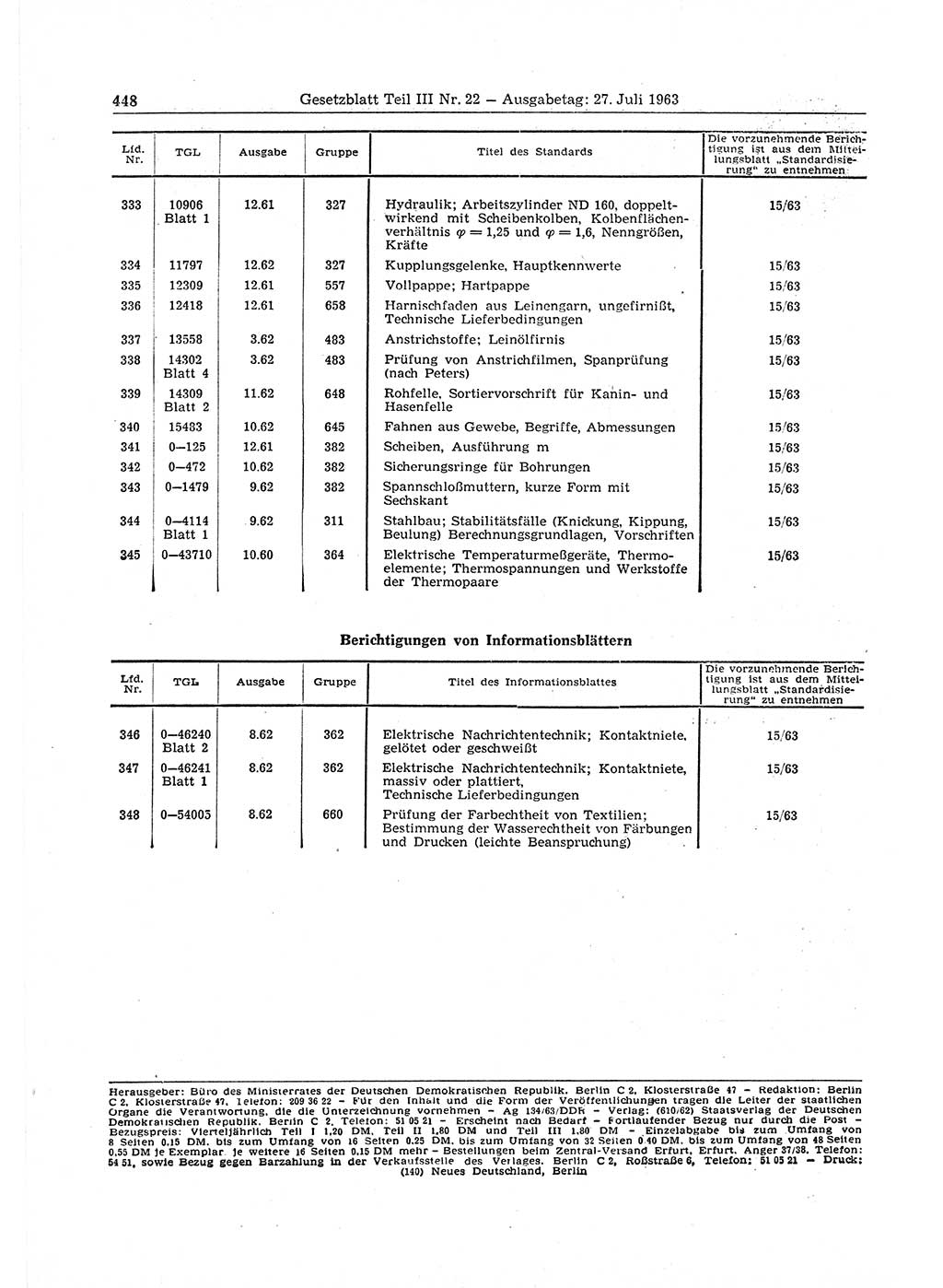 Gesetzblatt (GBl.) der Deutschen Demokratischen Republik (DDR) Teil ⅠⅠⅠ 1963, Seite 448 (GBl. DDR ⅠⅠⅠ 1963, S. 448)