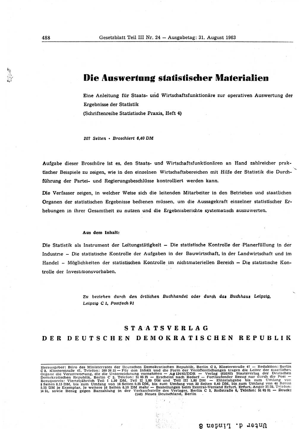 Gesetzblatt (GBl.) der Deutschen Demokratischen Republik (DDR) Teil ⅠⅠⅠ 1963, Seite 488 (GBl. DDR ⅠⅠⅠ 1963, S. 488)