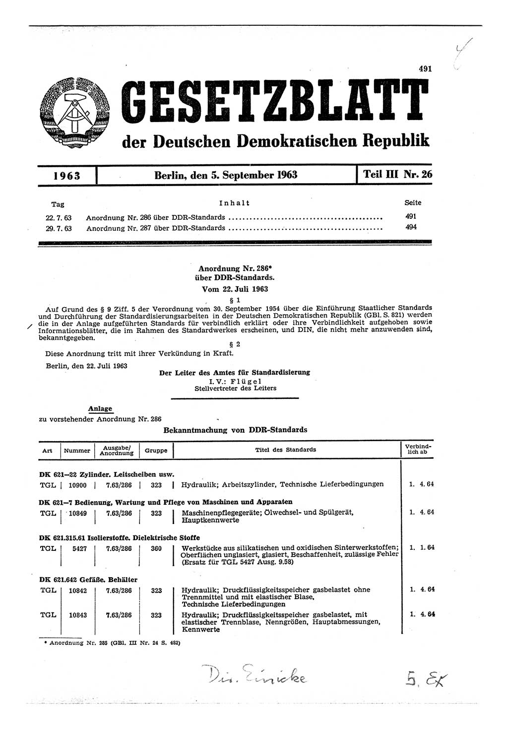 Gesetzblatt (GBl.) der Deutschen Demokratischen Republik (DDR) Teil ⅠⅠⅠ 1963, Seite 491 (GBl. DDR ⅠⅠⅠ 1963, S. 491)