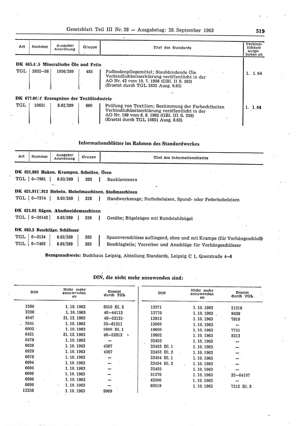 Gesetzblatt (GBl.) der Deutschen Demokratischen Republik (DDR) Teil ⅠⅠⅠ 1963, Seite 519 (GBl. DDR ⅠⅠⅠ 1963, S. 519)