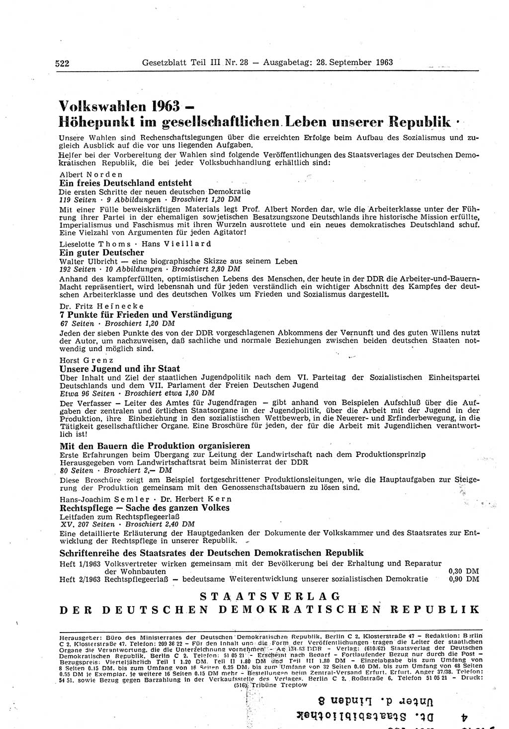 Gesetzblatt (GBl.) der Deutschen Demokratischen Republik (DDR) Teil ⅠⅠⅠ 1963, Seite 522 (GBl. DDR ⅠⅠⅠ 1963, S. 522)