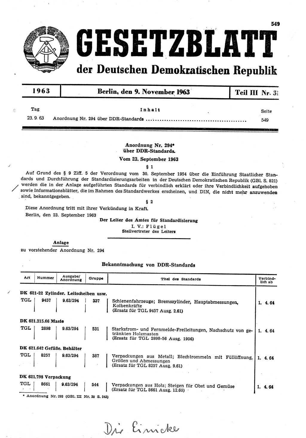 Gesetzblatt (GBl.) der Deutschen Demokratischen Republik (DDR) Teil ⅠⅠⅠ 1963, Seite 549 (GBl. DDR ⅠⅠⅠ 1963, S. 549)