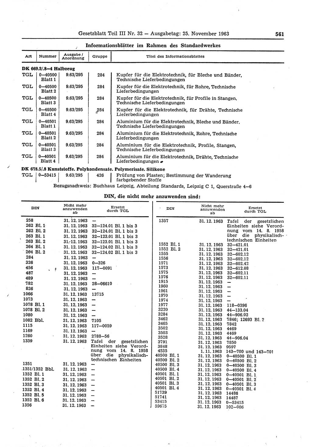 Gesetzblatt (GBl.) der Deutschen Demokratischen Republik (DDR) Teil ⅠⅠⅠ 1963, Seite 561 (GBl. DDR ⅠⅠⅠ 1963, S. 561)