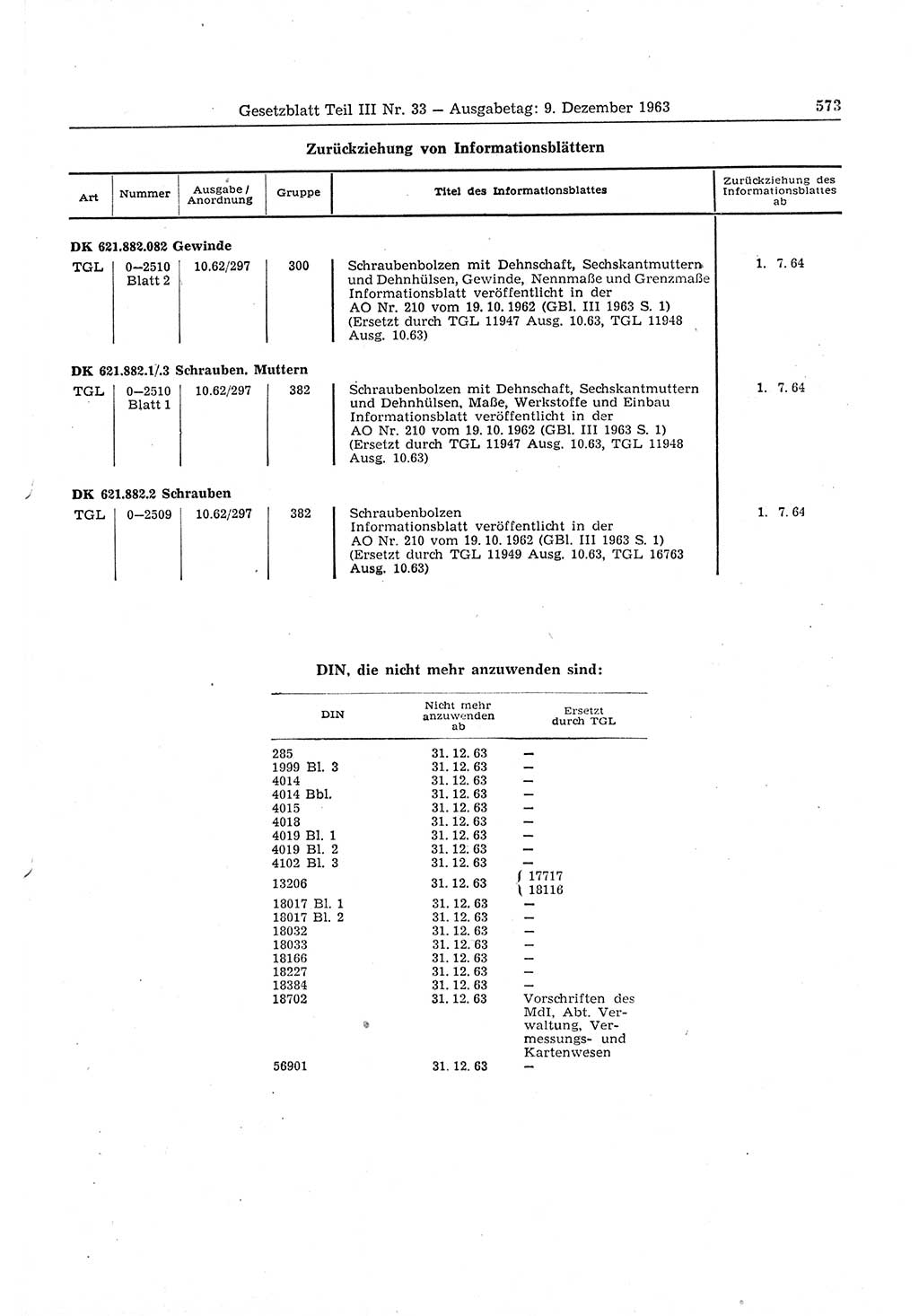 Gesetzblatt (GBl.) der Deutschen Demokratischen Republik (DDR) Teil ⅠⅠⅠ 1963, Seite 573 (GBl. DDR ⅠⅠⅠ 1963, S. 573)