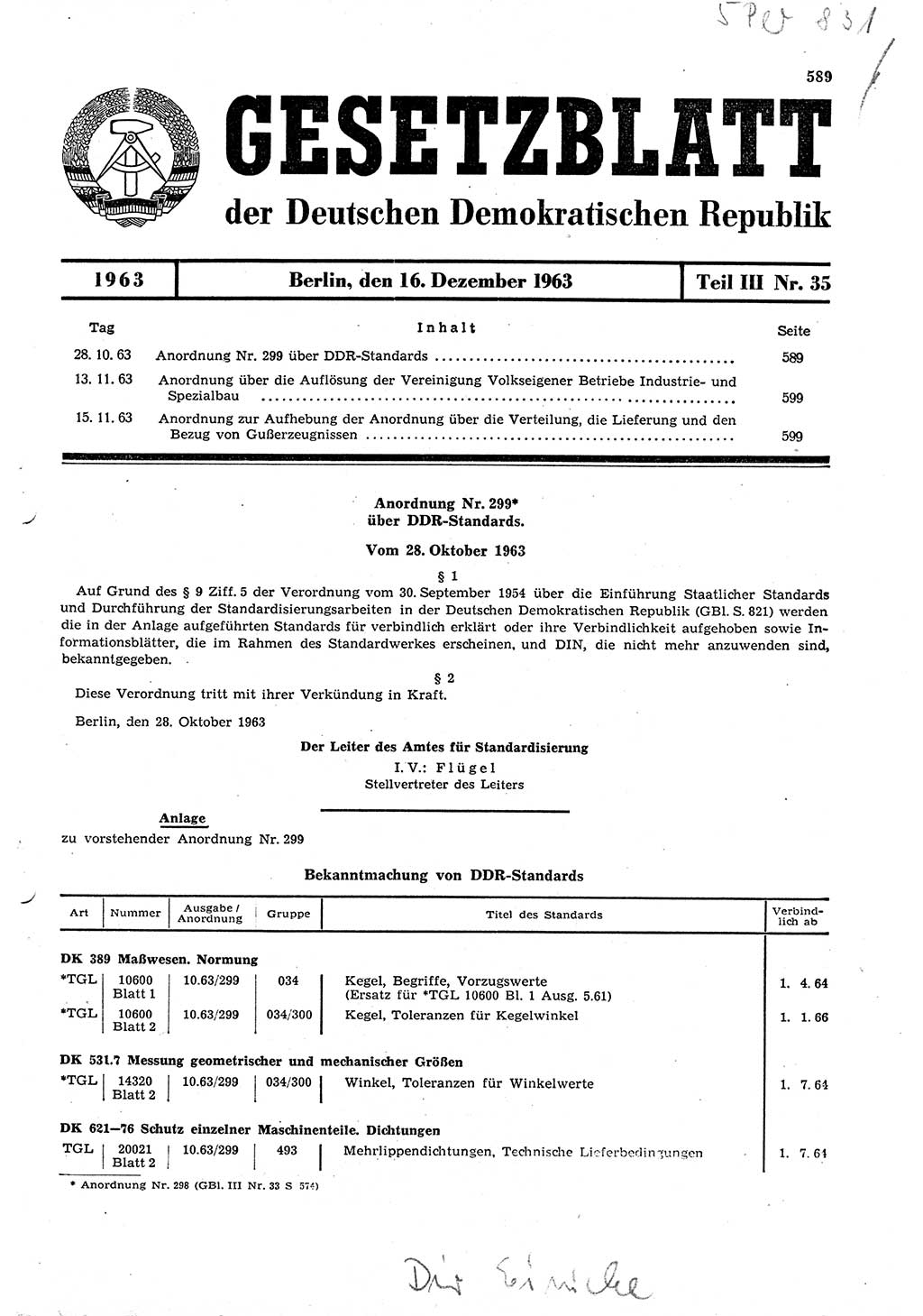 Gesetzblatt (GBl.) der Deutschen Demokratischen Republik (DDR) Teil ⅠⅠⅠ 1963, Seite 589 (GBl. DDR ⅠⅠⅠ 1963, S. 589)
