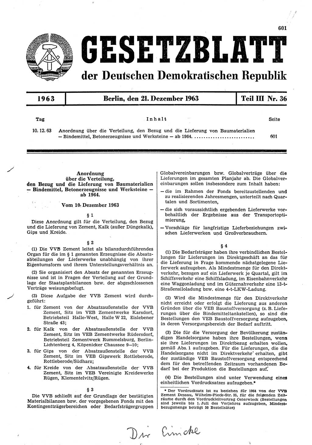 Gesetzblatt (GBl.) der Deutschen Demokratischen Republik (DDR) Teil ⅠⅠⅠ 1963, Seite 601 (GBl. DDR ⅠⅠⅠ 1963, S. 601)