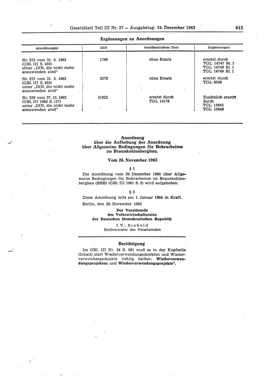 Gesetzblatt (GBl.) der Deutschen Demokratischen Republik (DDR) Teil ⅠⅠⅠ 1963, Seite 615 (GBl. DDR ⅠⅠⅠ 1963, S. 615)
