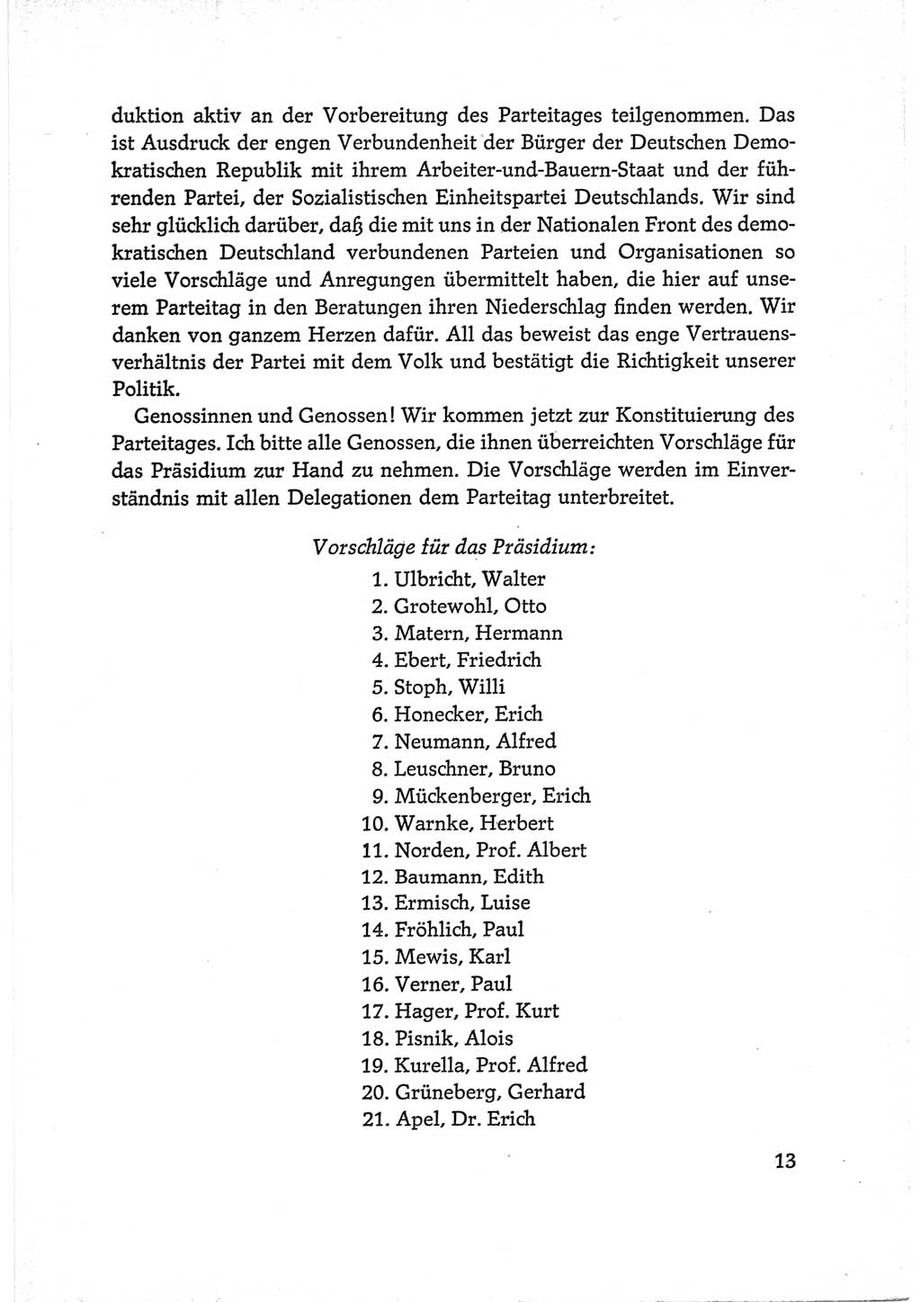 Protokoll der Verhandlungen des Ⅵ. Parteitages der Sozialistischen Einheitspartei Deutschlands (SED) [Deutsche Demokratische Republik (DDR)] 1963, Band Ⅰ, Seite 13 (Prot. Verh. Ⅵ. PT SED DDR 1963, Bd. Ⅰ, S. 13)