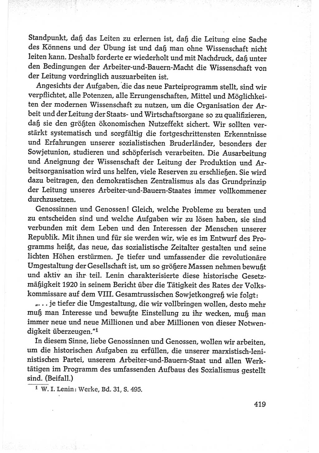 Protokoll der Verhandlungen des Ⅵ. Parteitages der Sozialistischen Einheitspartei Deutschlands (SED) [Deutsche Demokratische Republik (DDR)] 1963, Band Ⅰ, Seite 419 (Prot. Verh. Ⅵ. PT SED DDR 1963, Bd. Ⅰ, S. 419)