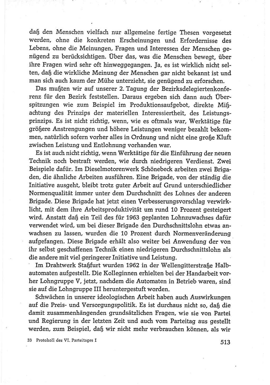 Protokoll der Verhandlungen des Ⅵ. Parteitages der Sozialistischen Einheitspartei Deutschlands (SED) [Deutsche Demokratische Republik (DDR)] 1963, Band Ⅰ, Seite 513 (Prot. Verh. Ⅵ. PT SED DDR 1963, Bd. Ⅰ, S. 513)