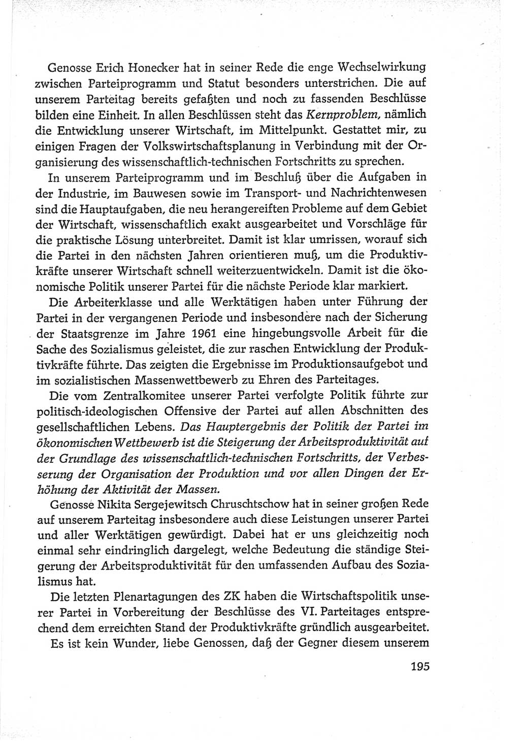 Protokoll der Verhandlungen des Ⅵ. Parteitages der Sozialistischen Einheitspartei Deutschlands (SED) [Deutsche Demokratische Republik (DDR)] 1963, Band Ⅱ, Seite 195 (Prot. Verh. Ⅵ. PT SED DDR 1963, Bd. Ⅱ, S. 195)