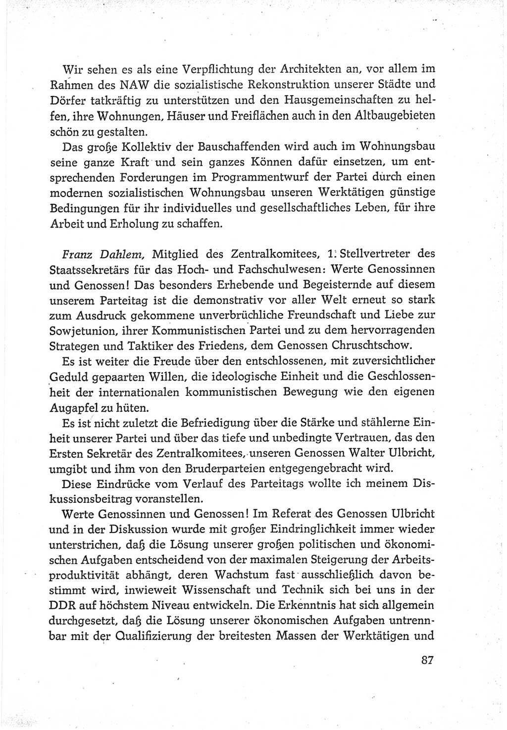 Protokoll der Verhandlungen des Ⅵ. Parteitages der Sozialistischen Einheitspartei Deutschlands (SED) [Deutsche Demokratische Republik (DDR)] 1963, Band Ⅲ, Seite 87 (Prot. Verh. Ⅵ. PT SED DDR 1963, Bd. Ⅲ, S. 87)