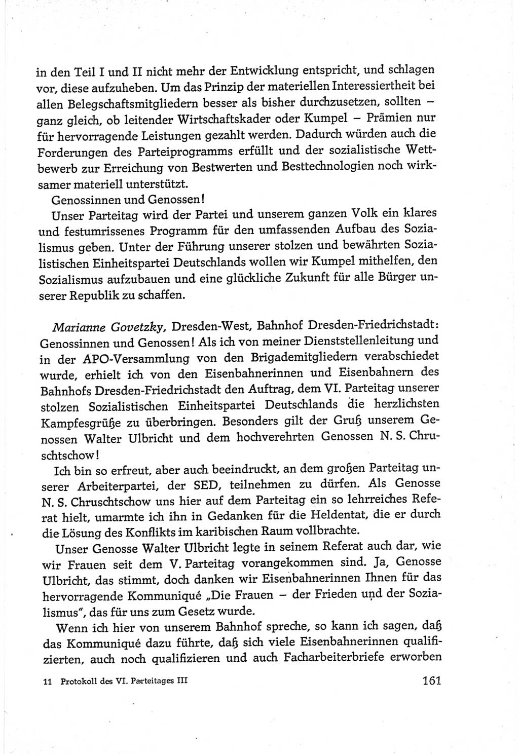 Protokoll der Verhandlungen des Ⅵ. Parteitages der Sozialistischen Einheitspartei Deutschlands (SED) [Deutsche Demokratische Republik (DDR)] 1963, Band Ⅲ, Seite 161 (Prot. Verh. Ⅵ. PT SED DDR 1963, Bd. Ⅲ, S. 161)