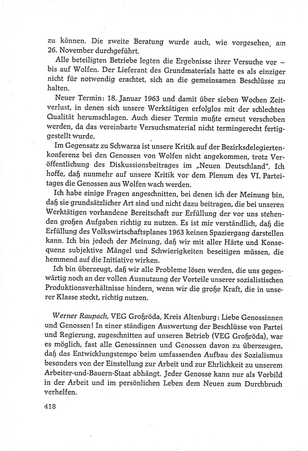 Protokoll der Verhandlungen des Ⅵ. Parteitages der Sozialistischen Einheitspartei Deutschlands (SED) [Deutsche Demokratische Republik (DDR)] 1963, Band Ⅲ, Seite 418 (Prot. Verh. Ⅵ. PT SED DDR 1963, Bd. Ⅲ, S. 418)