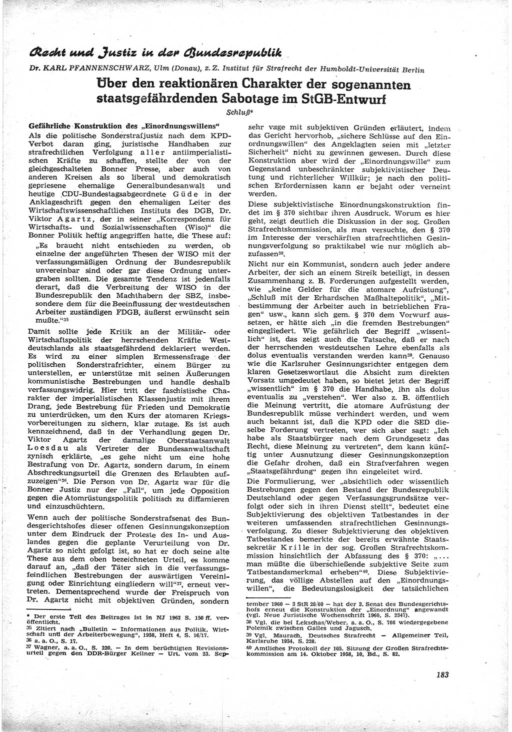 Neue Justiz (NJ), Zeitschrift für Recht und Rechtswissenschaft [Deutsche Demokratische Republik (DDR)], 17. Jahrgang 1963, Seite 183 (NJ DDR 1963, S. 183)
