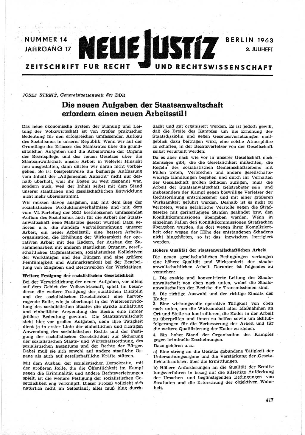 Neue Justiz (NJ), Zeitschrift für Recht und Rechtswissenschaft [Deutsche Demokratische Republik (DDR)], 17. Jahrgang 1963, Seite 417 (NJ DDR 1963, S. 417)