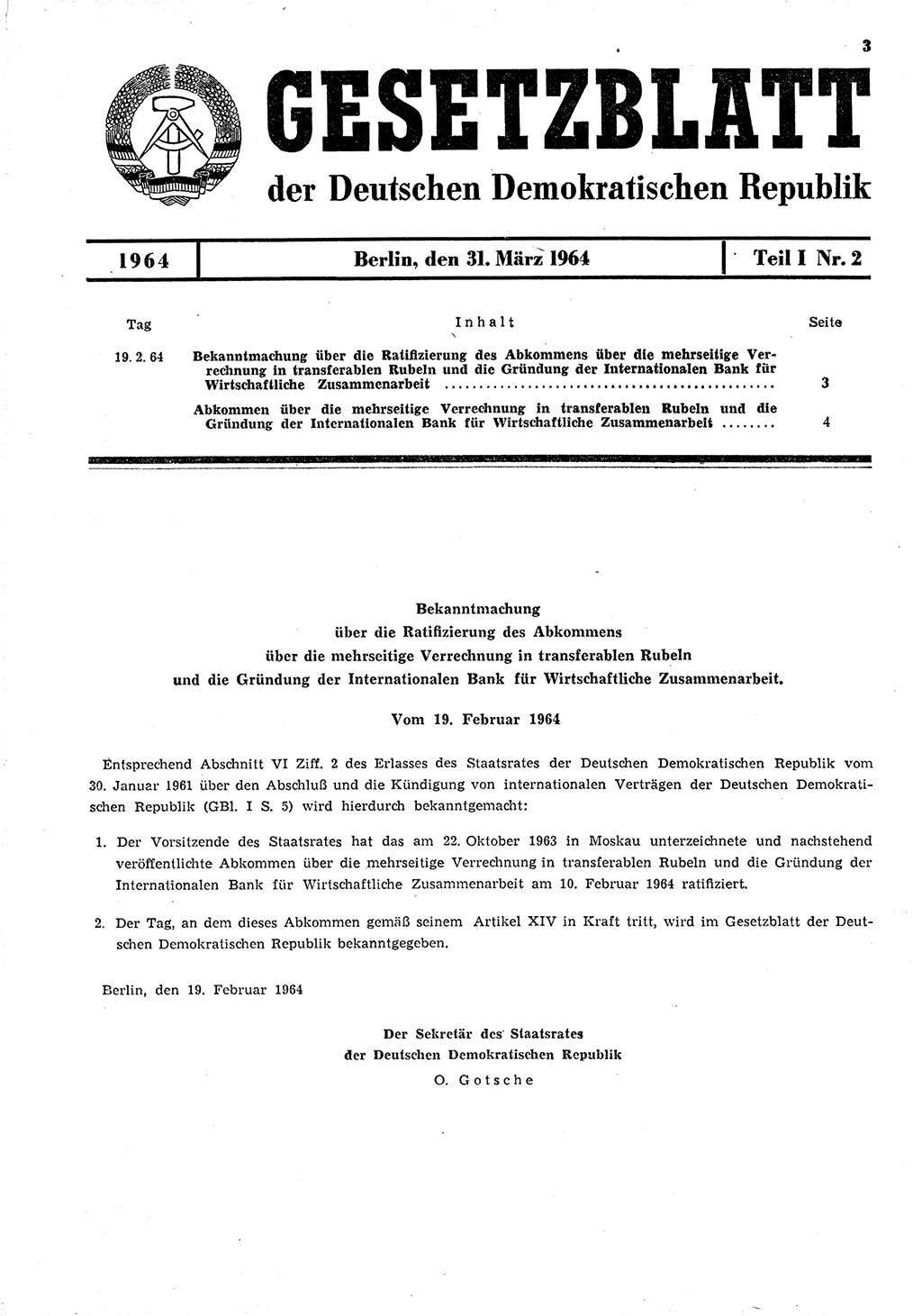 Gesetzblatt (GBl.) der Deutschen Demokratischen Republik (DDR) Teil Ⅰ 1964, Seite 3 (GBl. DDR Ⅰ 1964, S. 3)