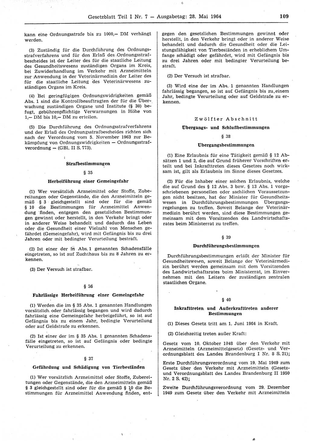 Gesetzblatt (GBl.) der Deutschen Demokratischen Republik (DDR) Teil Ⅰ 1964, Seite 109 (GBl. DDR Ⅰ 1964, S. 109)