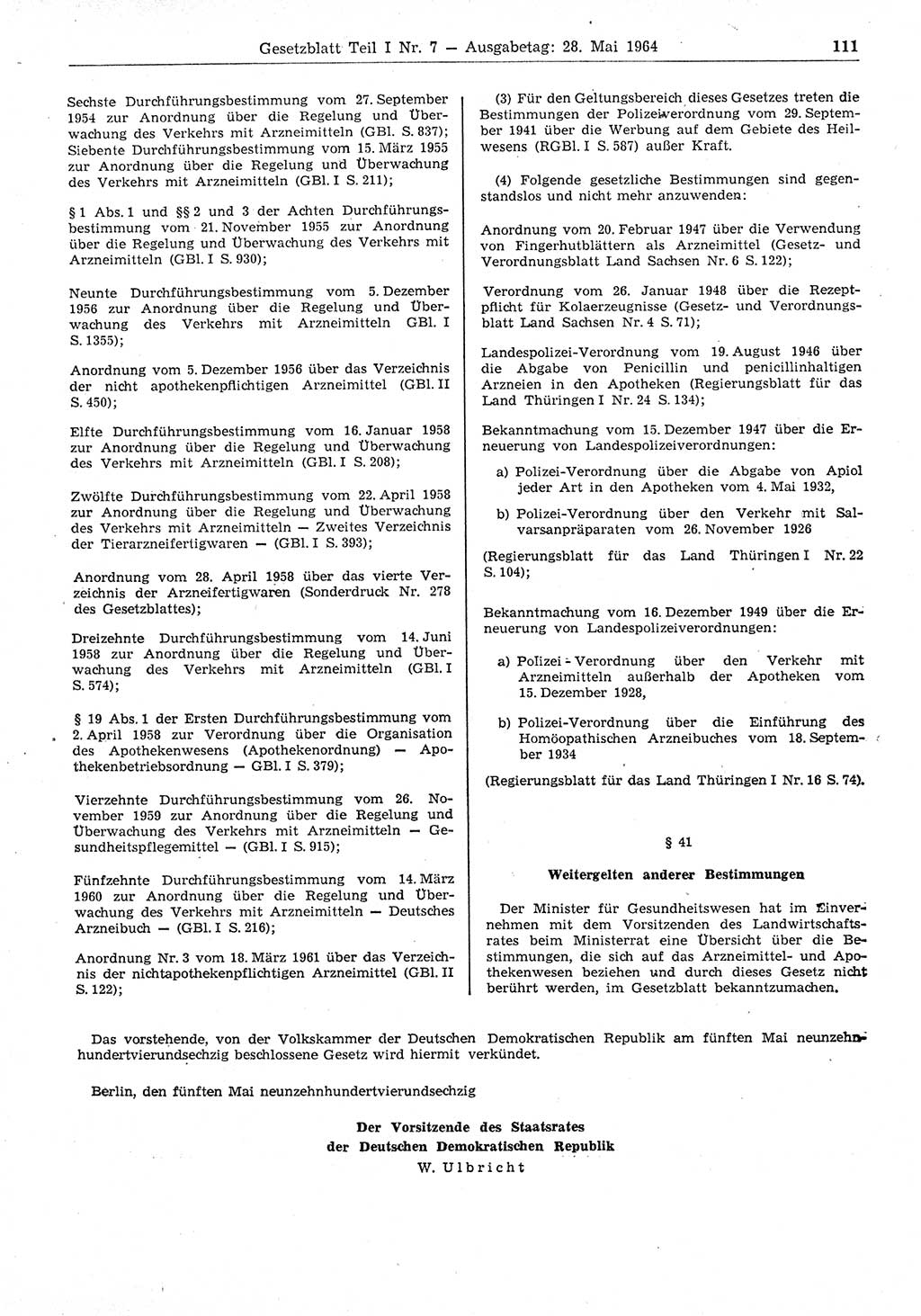 Gesetzblatt (GBl.) der Deutschen Demokratischen Republik (DDR) Teil Ⅰ 1964, Seite 111 (GBl. DDR Ⅰ 1964, S. 111)