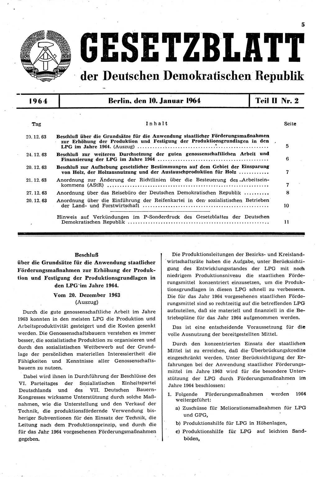 Gesetzblatt (GBl.) der Deutschen Demokratischen Republik (DDR) Teil ⅠⅠ 1964, Seite 5 (GBl. DDR ⅠⅠ 1964, S. 5)