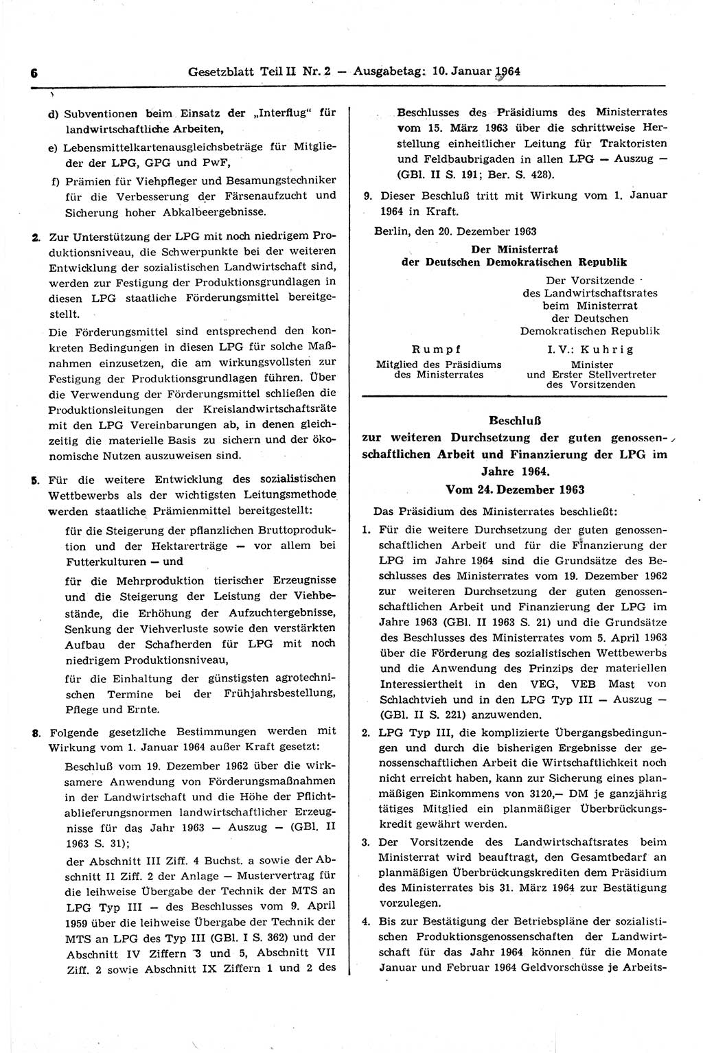 Gesetzblatt (GBl.) der Deutschen Demokratischen Republik (DDR) Teil ⅠⅠ 1964, Seite 6 (GBl. DDR ⅠⅠ 1964, S. 6)