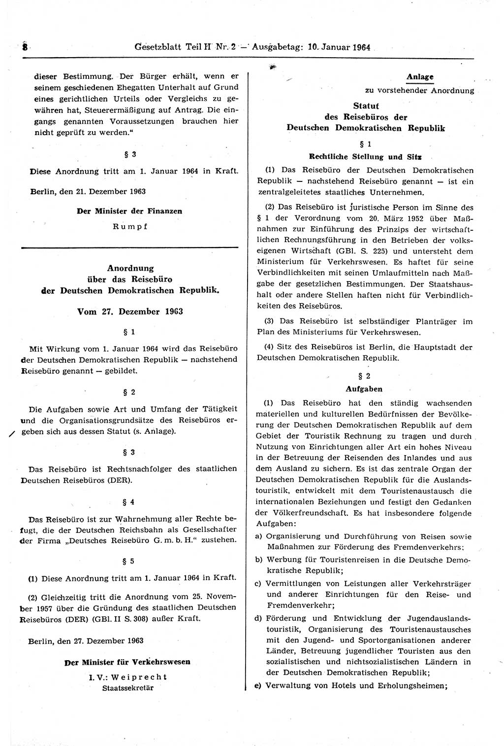 Gesetzblatt (GBl.) der Deutschen Demokratischen Republik (DDR) Teil ⅠⅠ 1964, Seite 8 (GBl. DDR ⅠⅠ 1964, S. 8)