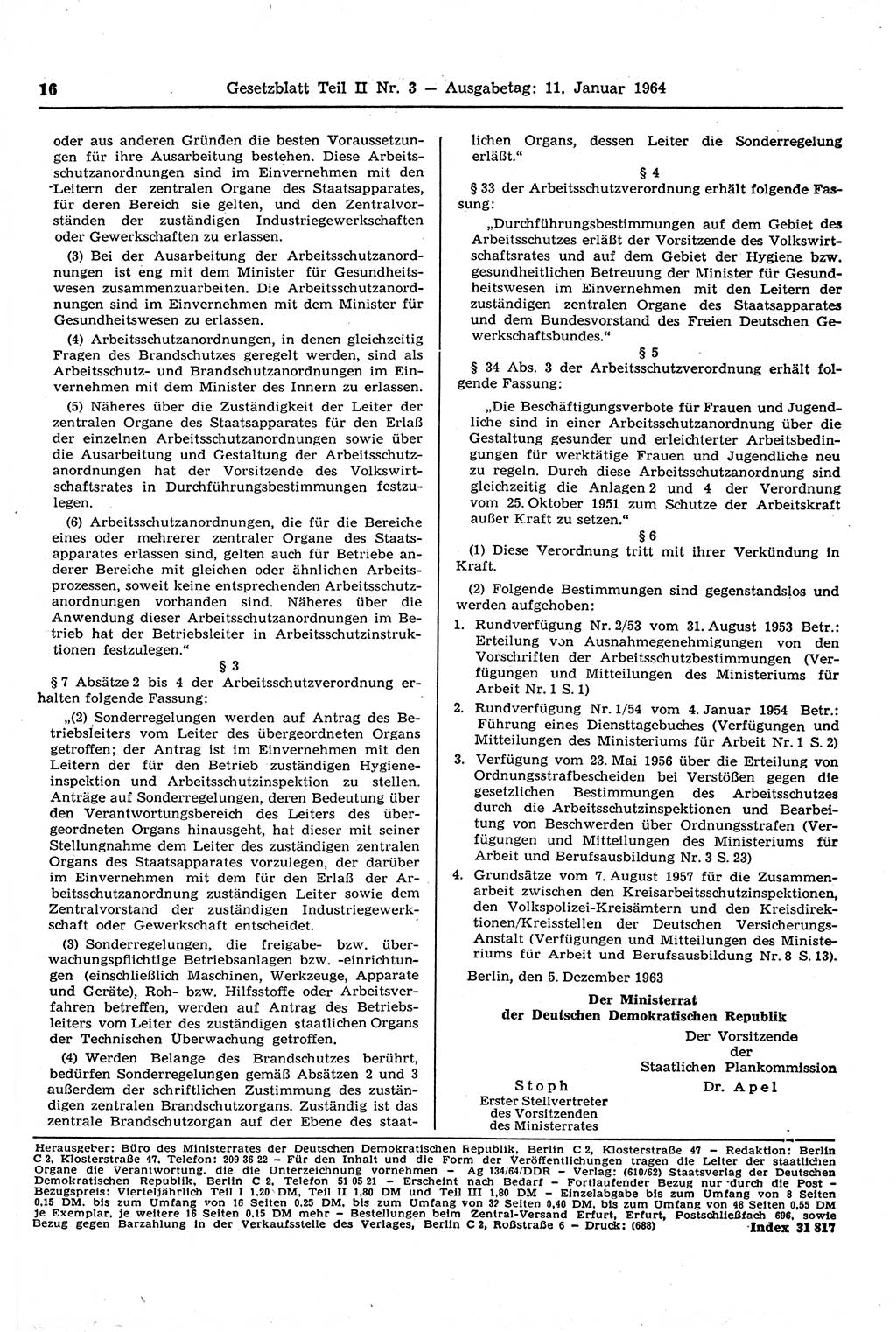 Gesetzblatt (GBl.) der Deutschen Demokratischen Republik (DDR) Teil ⅠⅠ 1964, Seite 16 (GBl. DDR ⅠⅠ 1964, S. 16)