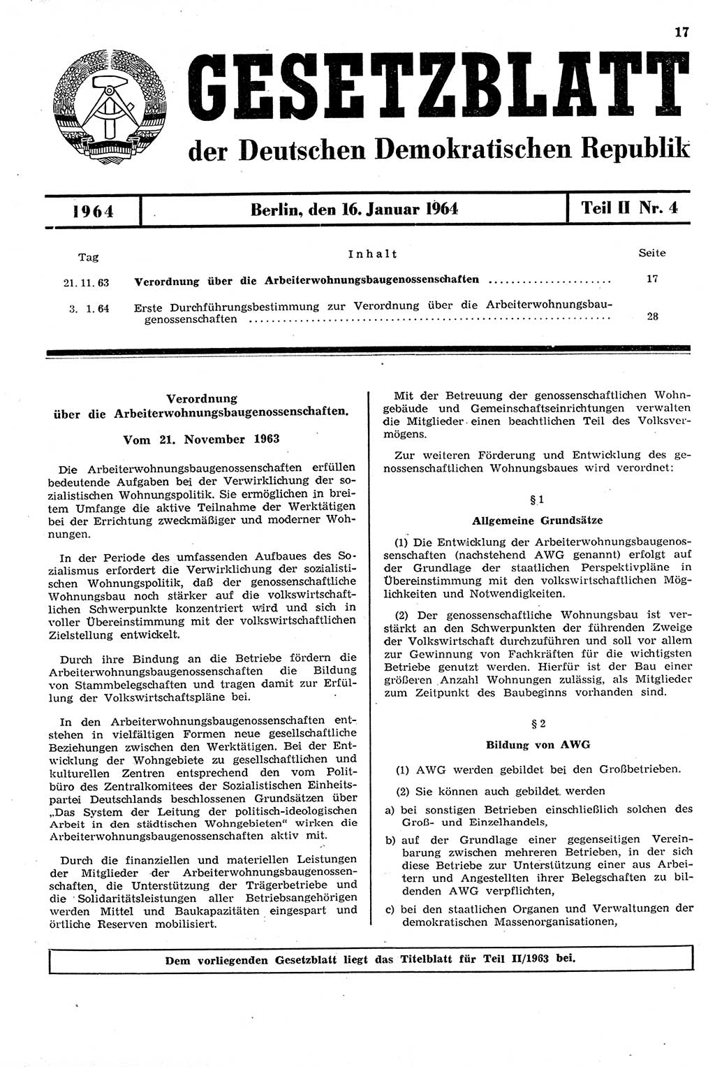 Gesetzblatt (GBl.) der Deutschen Demokratischen Republik (DDR) Teil ⅠⅠ 1964, Seite 17 (GBl. DDR ⅠⅠ 1964, S. 17)