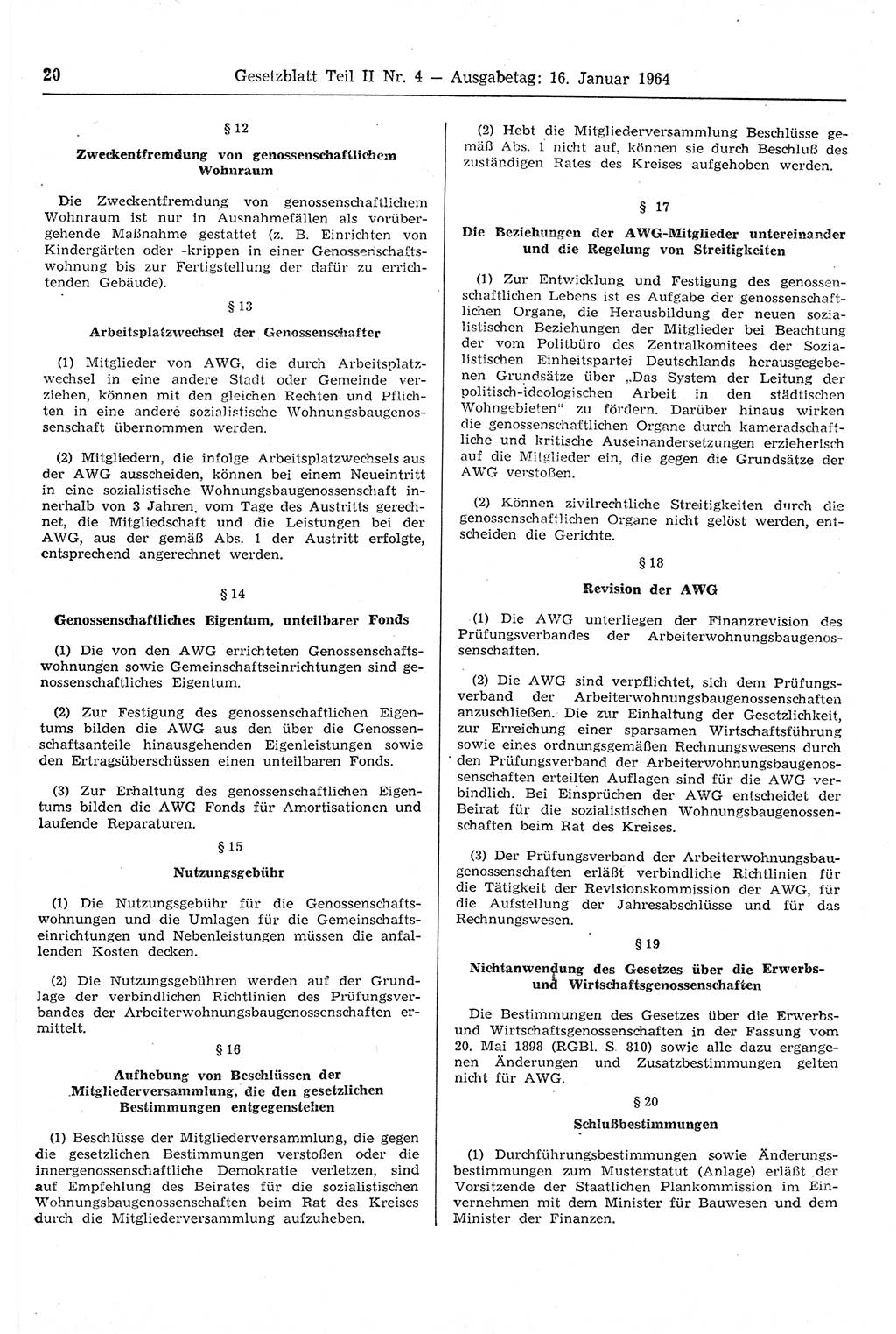 Gesetzblatt (GBl.) der Deutschen Demokratischen Republik (DDR) Teil ⅠⅠ 1964, Seite 20 (GBl. DDR ⅠⅠ 1964, S. 20)