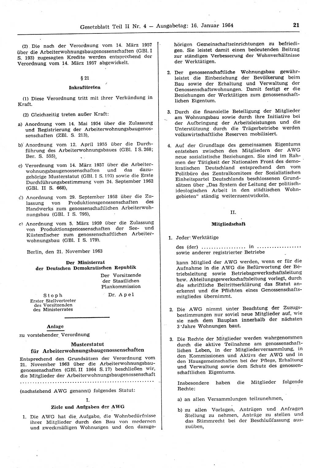 Gesetzblatt (GBl.) der Deutschen Demokratischen Republik (DDR) Teil ⅠⅠ 1964, Seite 21 (GBl. DDR ⅠⅠ 1964, S. 21)