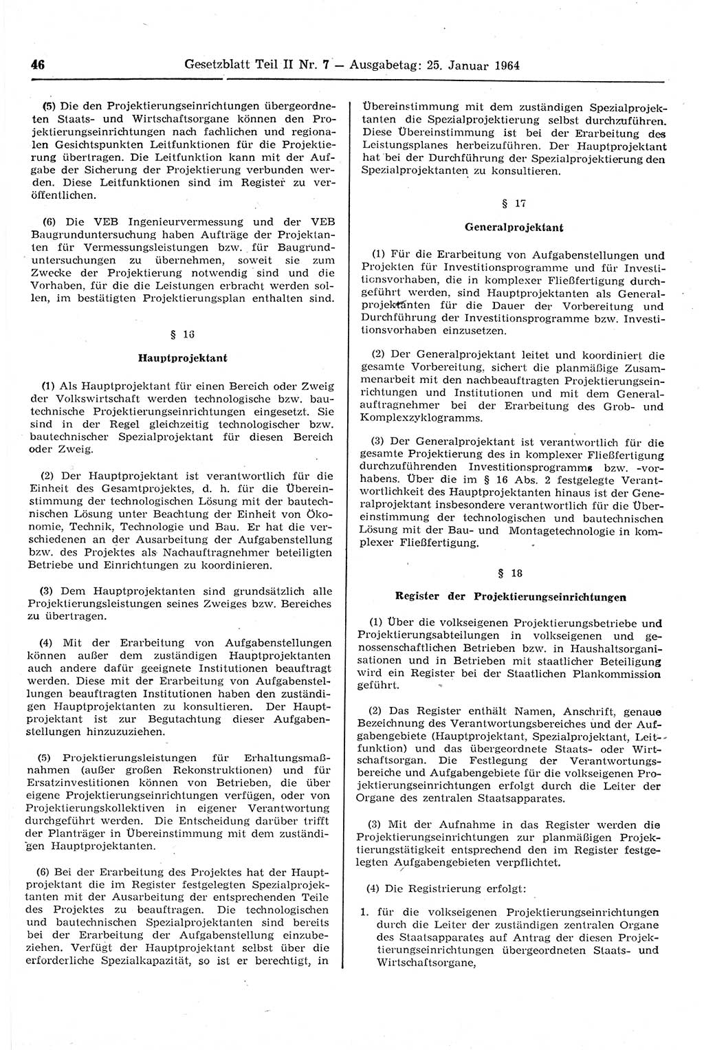 Gesetzblatt (GBl.) der Deutschen Demokratischen Republik (DDR) Teil ⅠⅠ 1964, Seite 46 (GBl. DDR ⅠⅠ 1964, S. 46)