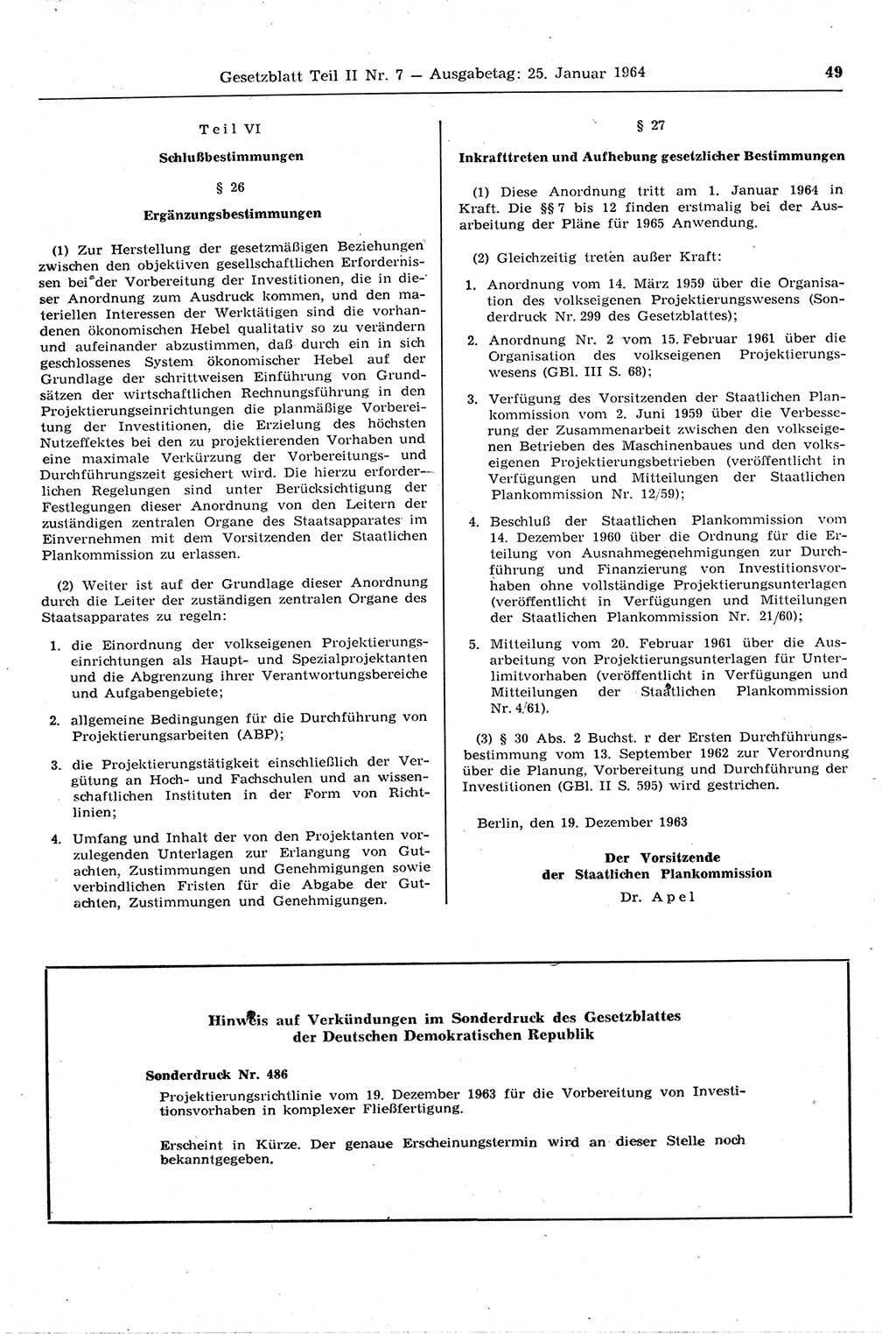 Gesetzblatt (GBl.) der Deutschen Demokratischen Republik (DDR) Teil ⅠⅠ 1964, Seite 49 (GBl. DDR ⅠⅠ 1964, S. 49)
