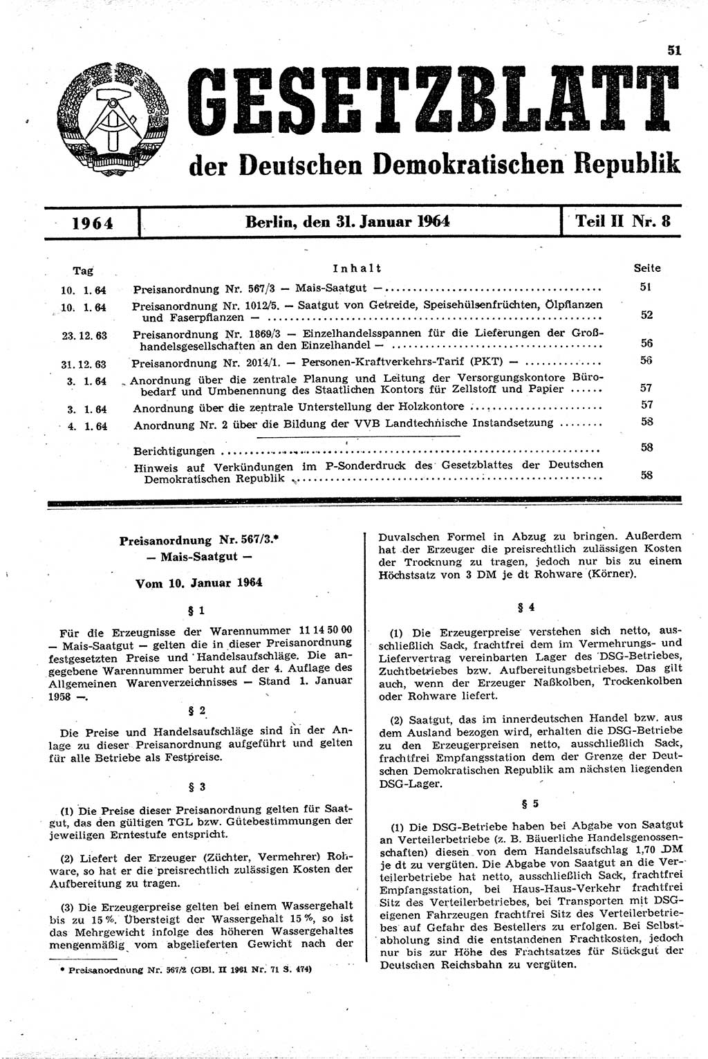 Gesetzblatt (GBl.) der Deutschen Demokratischen Republik (DDR) Teil ⅠⅠ 1964, Seite 51 (GBl. DDR ⅠⅠ 1964, S. 51)