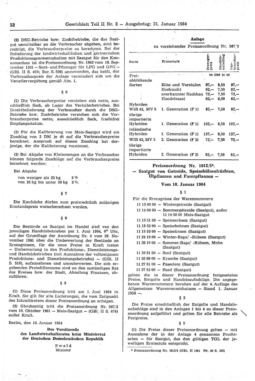 Gesetzblatt (GBl.) der Deutschen Demokratischen Republik (DDR) Teil ⅠⅠ 1964, Seite 52 (GBl. DDR ⅠⅠ 1964, S. 52)