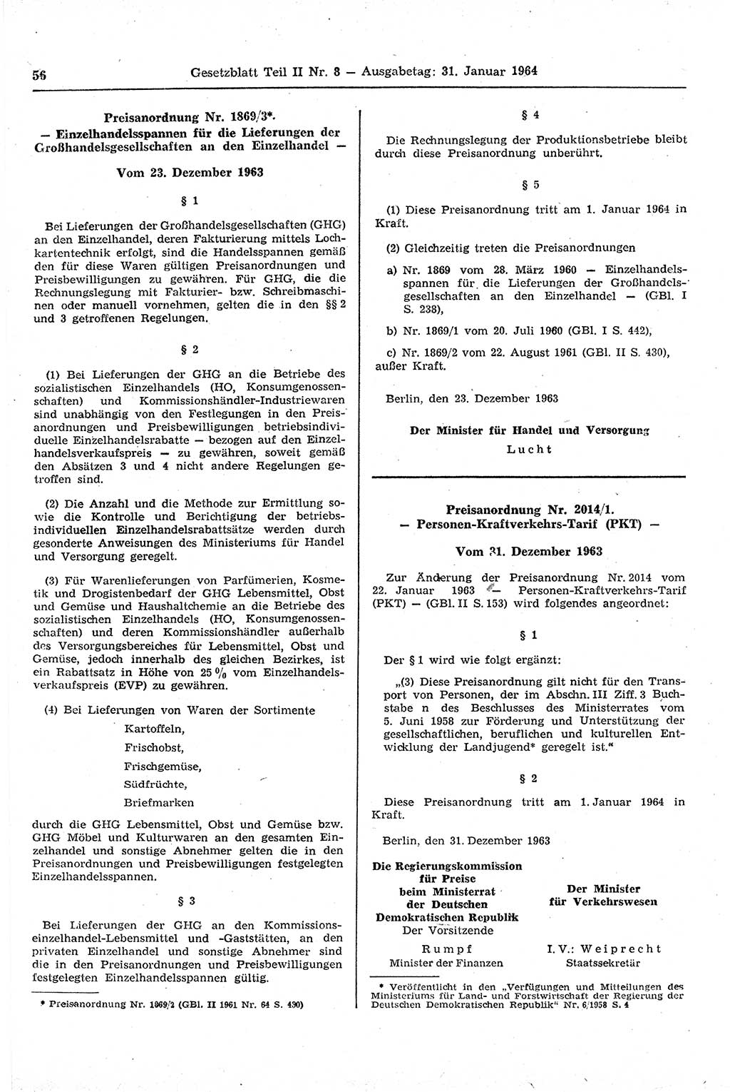 Gesetzblatt (GBl.) der Deutschen Demokratischen Republik (DDR) Teil ⅠⅠ 1964, Seite 56 (GBl. DDR ⅠⅠ 1964, S. 56)