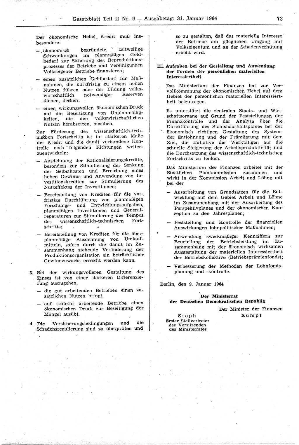 Gesetzblatt (GBl.) der Deutschen Demokratischen Republik (DDR) Teil ⅠⅠ 1964, Seite 73 (GBl. DDR ⅠⅠ 1964, S. 73)