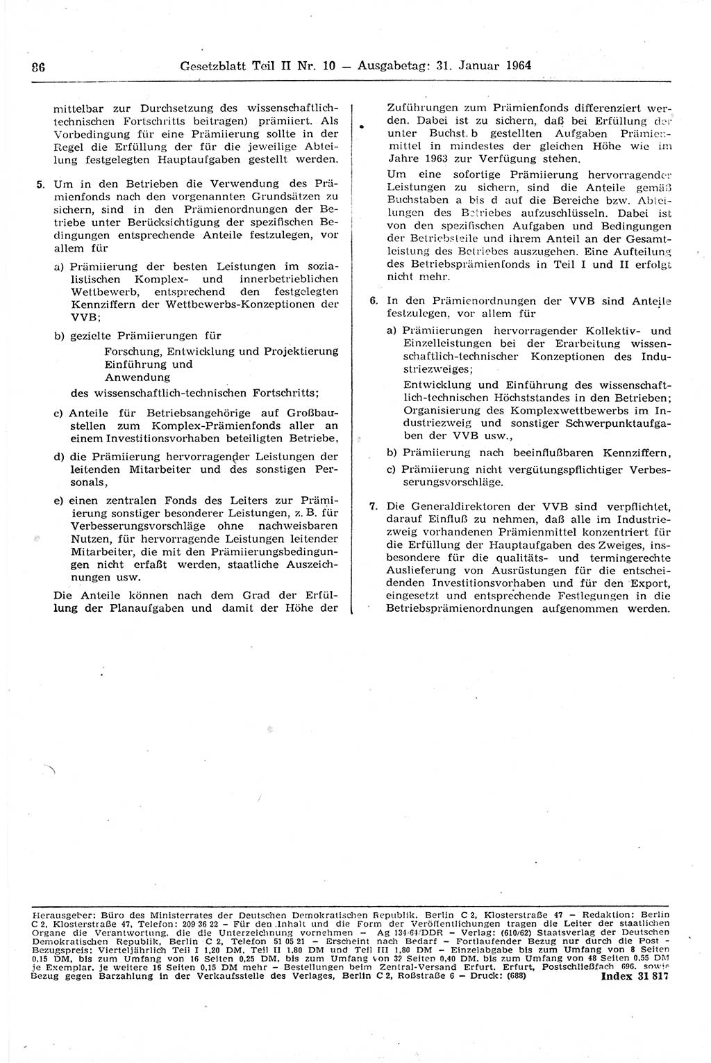 Gesetzblatt (GBl.) der Deutschen Demokratischen Republik (DDR) Teil ⅠⅠ 1964, Seite 86 (GBl. DDR ⅠⅠ 1964, S. 86)