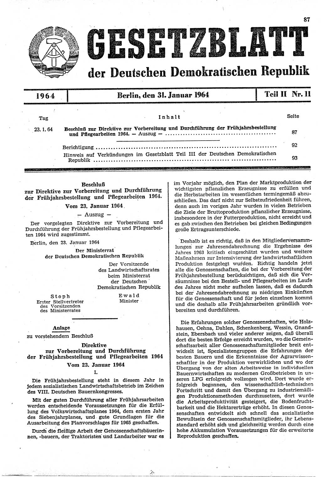 Gesetzblatt (GBl.) der Deutschen Demokratischen Republik (DDR) Teil ⅠⅠ 1964, Seite 87 (GBl. DDR ⅠⅠ 1964, S. 87)