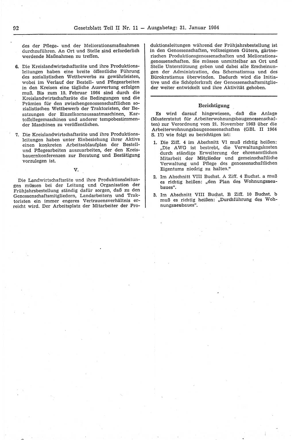Gesetzblatt (GBl.) der Deutschen Demokratischen Republik (DDR) Teil ⅠⅠ 1964, Seite 92 (GBl. DDR ⅠⅠ 1964, S. 92)