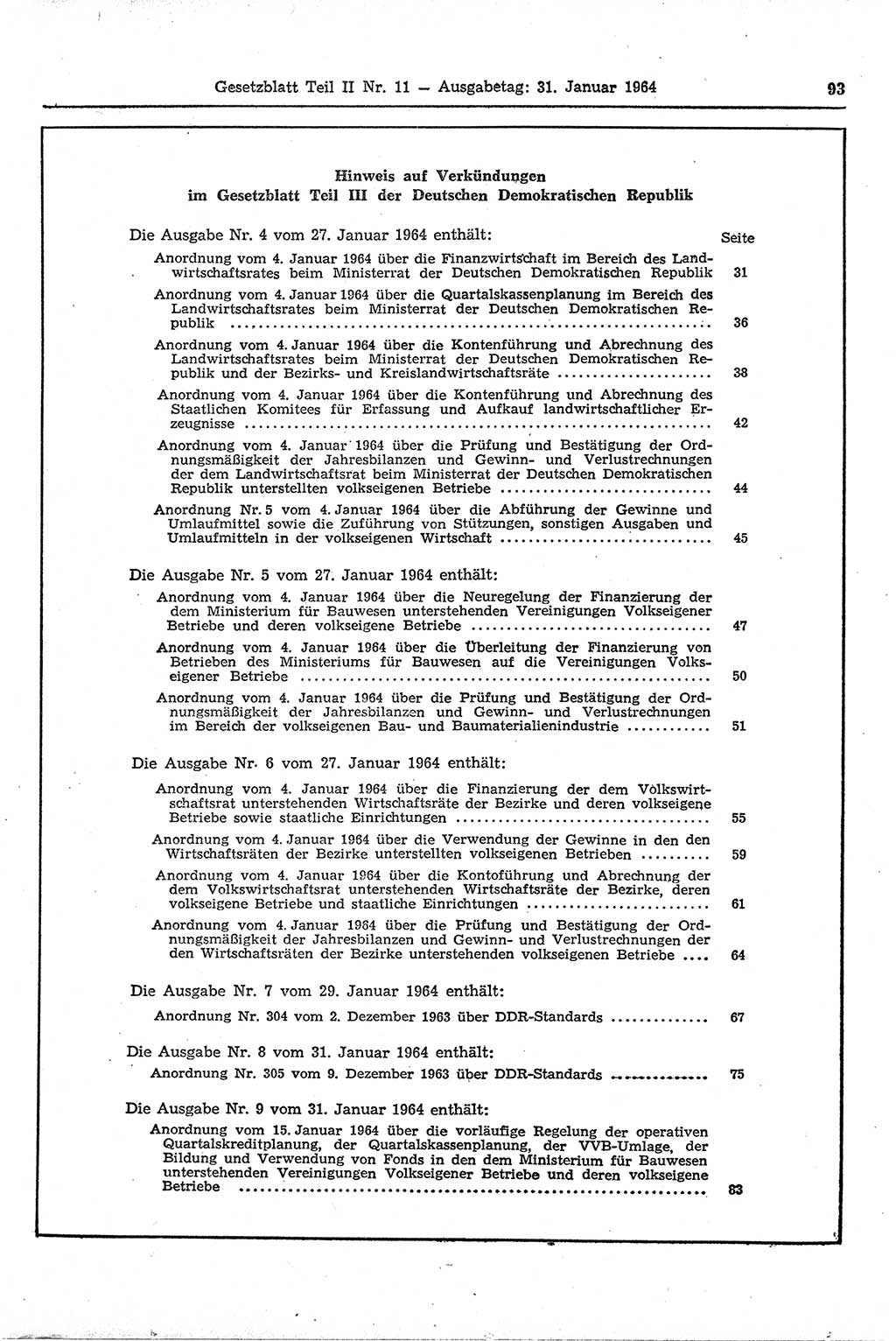 Gesetzblatt (GBl.) der Deutschen Demokratischen Republik (DDR) Teil ⅠⅠ 1964, Seite 93 (GBl. DDR ⅠⅠ 1964, S. 93)