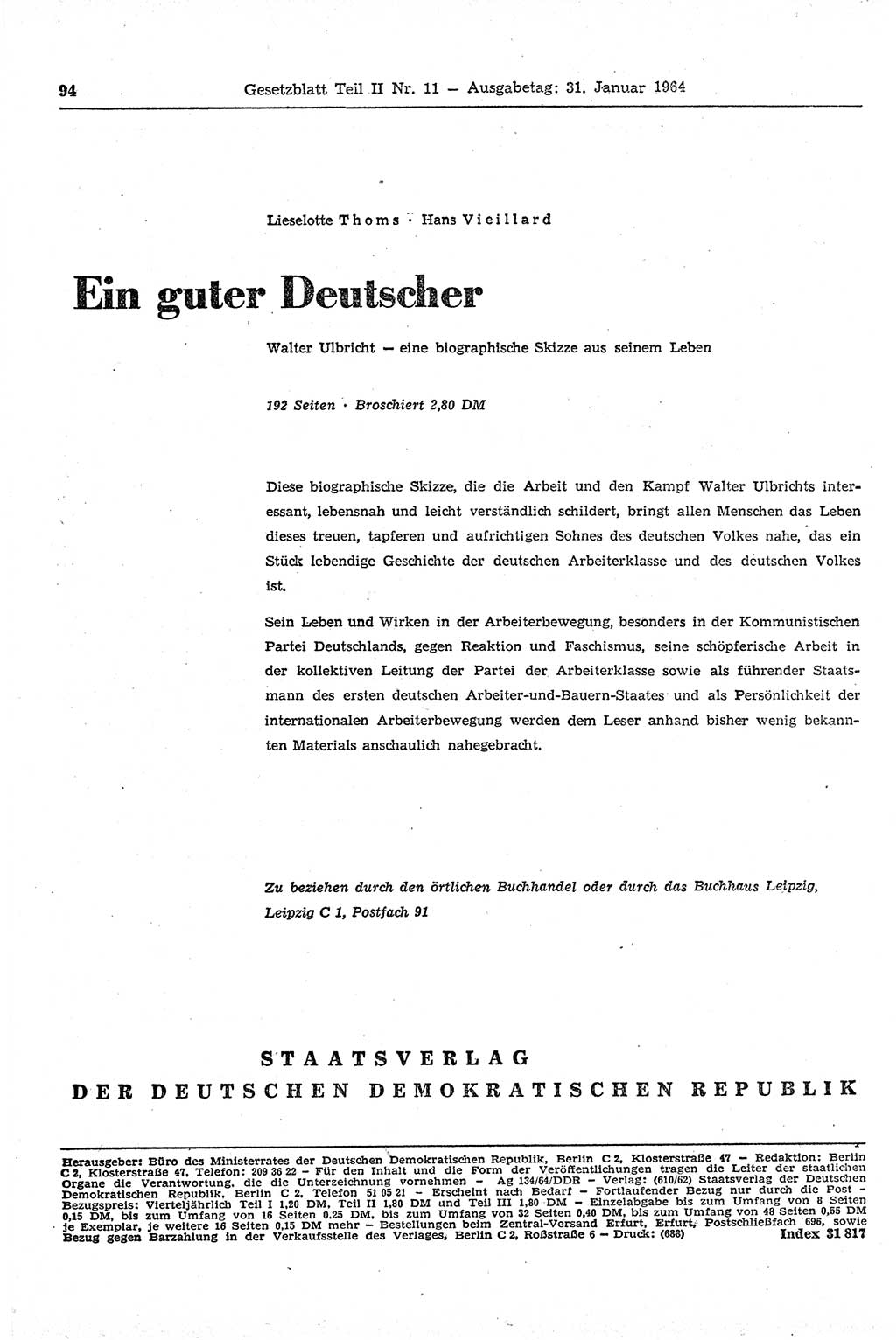 Gesetzblatt (GBl.) der Deutschen Demokratischen Republik (DDR) Teil ⅠⅠ 1964, Seite 94 (GBl. DDR ⅠⅠ 1964, S. 94)
