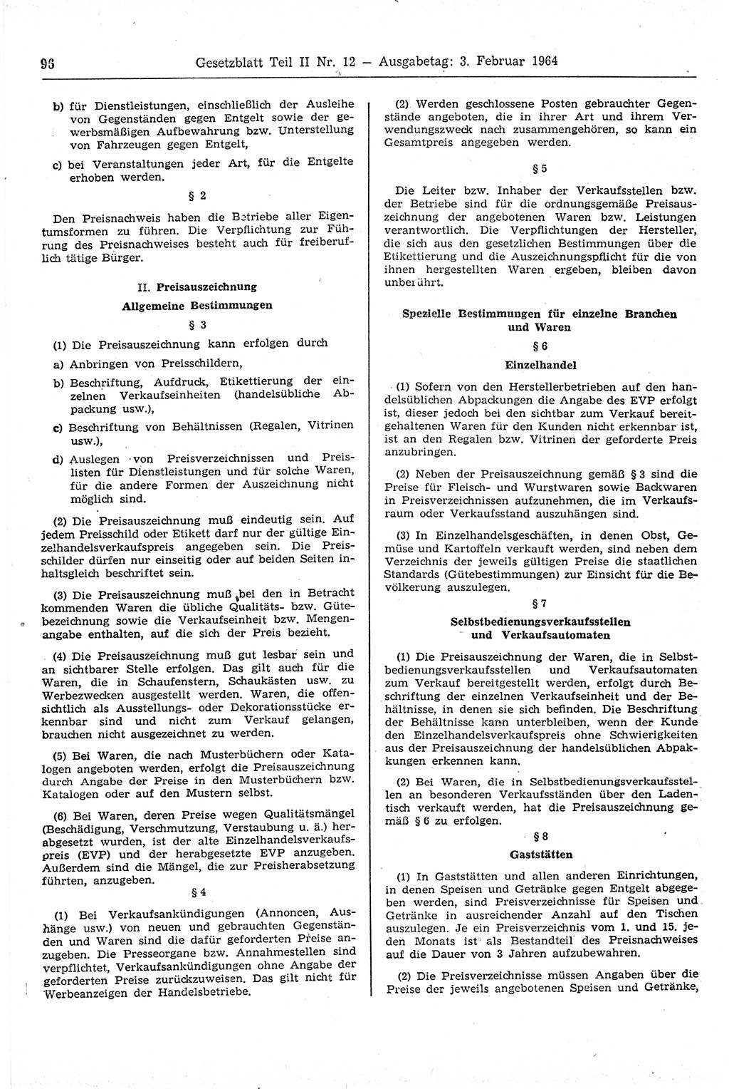 Gesetzblatt (GBl.) der Deutschen Demokratischen Republik (DDR) Teil ⅠⅠ 1964, Seite 96 (GBl. DDR ⅠⅠ 1964, S. 96)