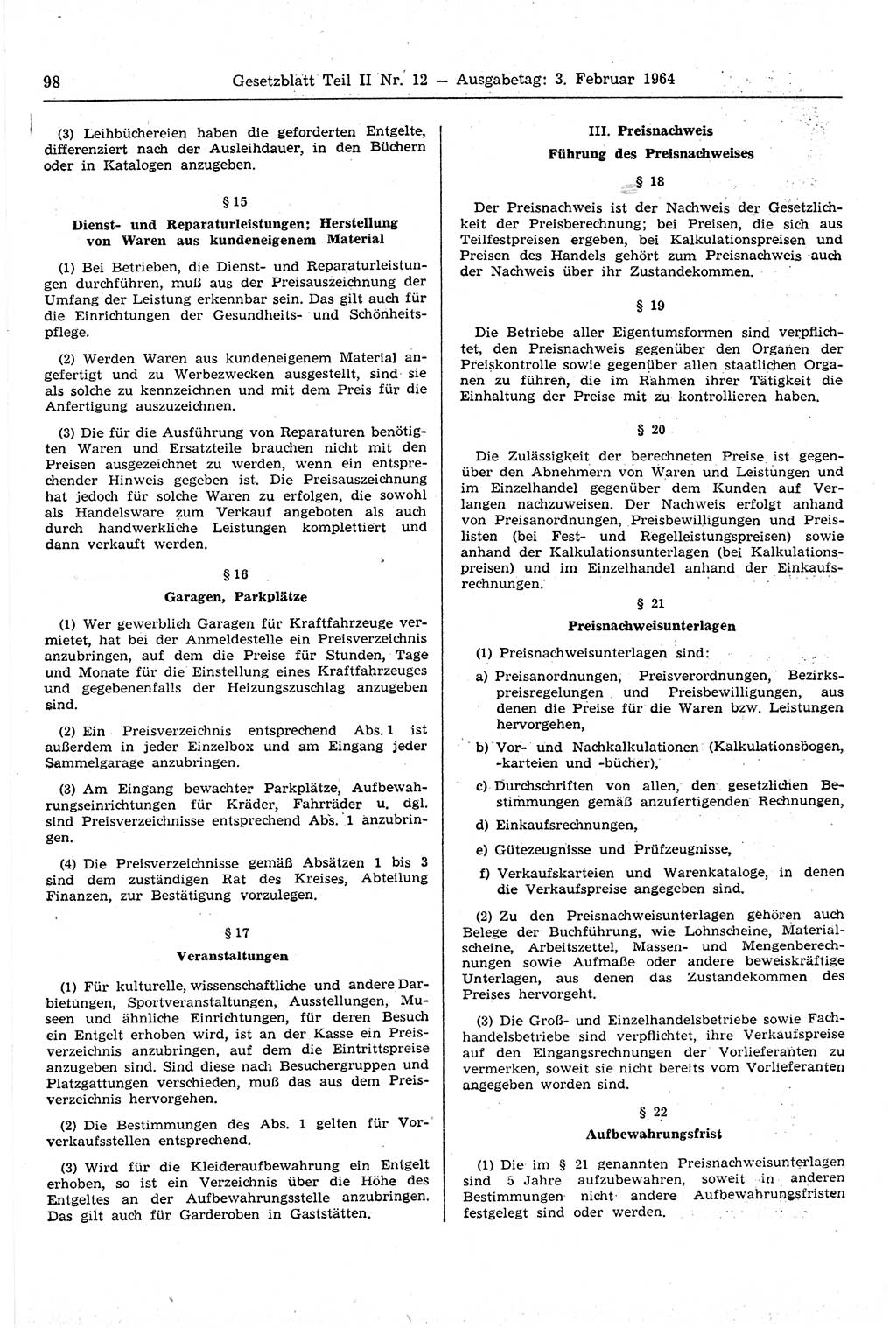 Gesetzblatt (GBl.) der Deutschen Demokratischen Republik (DDR) Teil ⅠⅠ 1964, Seite 98 (GBl. DDR ⅠⅠ 1964, S. 98)